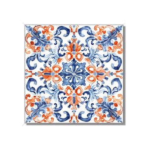 May include: A square tile with a blue and orange floral pattern. The design is intricate and symmetrical, with swirling leaves and flowers.