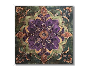 May include: A square canvas wall art featuring a purple and gold mandala design with intricate details. The background is a dark green with a distressed texture.