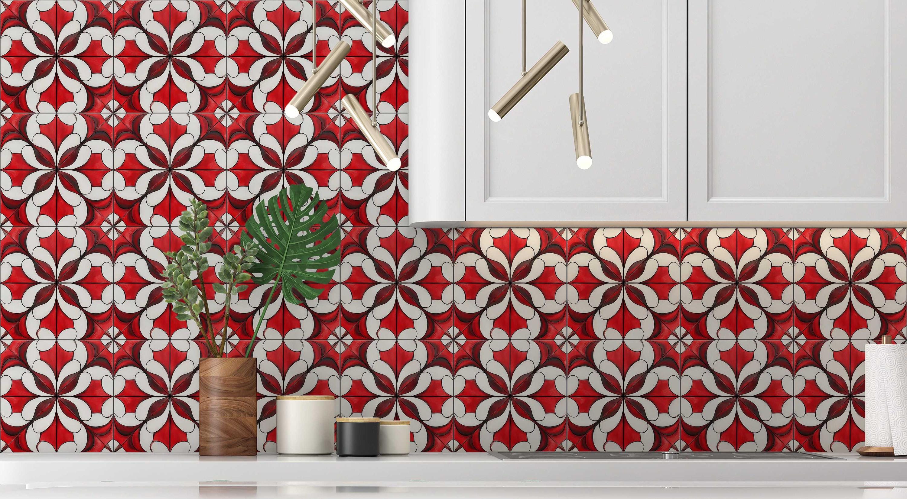Red Ceramic Pattern Red Patterned Ceramic Tile - Red Kitchen Backsplash Tile - Red Accent ...
