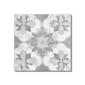 May include: Square decorative tile with a floral pattern in shades of gray and white. The design features four large stylized flowers and a smaller central flower, creating a symmetrical, repeating motif. The tile has a distressed, textured appearance.