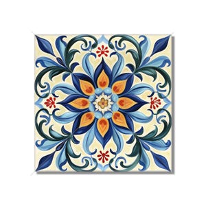 Multi Colored Italian Design Ceramic Tile - Blue Yellow Kitchen Tile - Floral Backsplash Tile - Bathroom Tile - Multi Colored Fireplace Tile