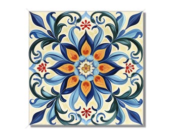 Multi Colored Italian Design Ceramic Tile - Blue Yellow Kitchen Tile - Floral Backsplash Tile - Bathroom Tile - Multi Colored Fireplace Tile