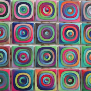 May include: A grid of twenty-five square tiles, each featuring a concentric circle design. The tiles showcase a vibrant array of colors, including pink, blue, green, and purple. The artwork has a modern, abstract aesthetic, with a focus on color and form.
