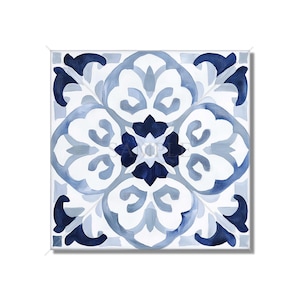 May include: A blue and white tile with a floral pattern. The tile has a white background with a blue floral design in the center. The tile is surrounded by a blue border.