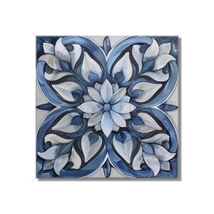 May include: A square blue and white tile with a floral design. The tile has a central flower with eight petals and a smaller circle in the center. The flower is surrounded by four stylized leaves with a blue outline and a white interior.