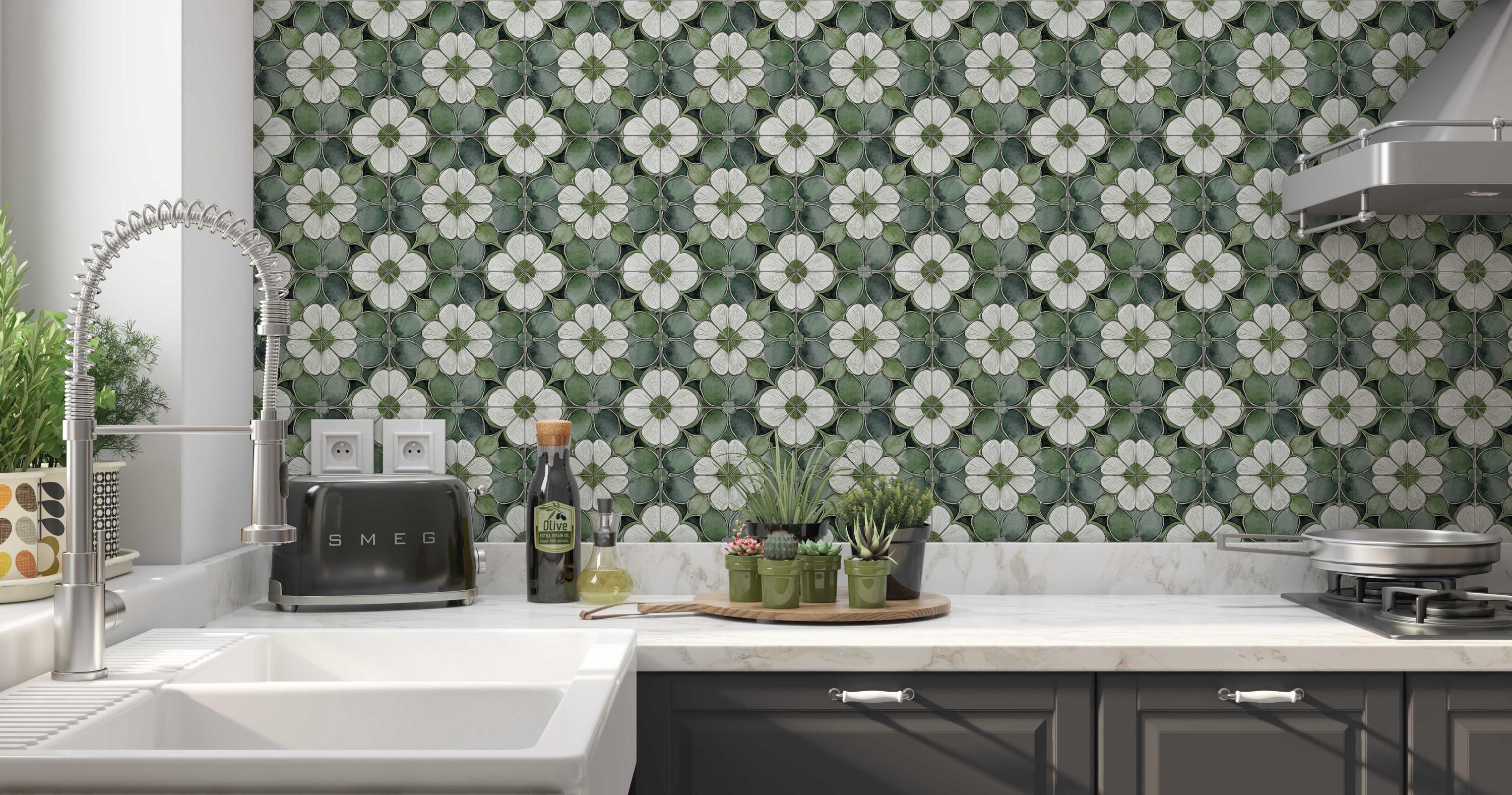 Ceramic Tile Green Patterned Vintage Floral Design Kitchen Backsplash ...