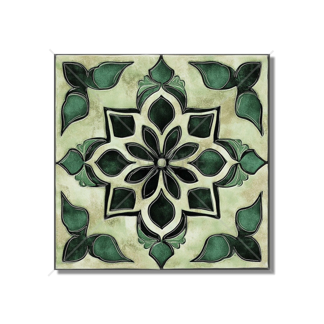 Green Patterned Ceramic Tile - Vintage Design Green Tile - Unique Green ...
