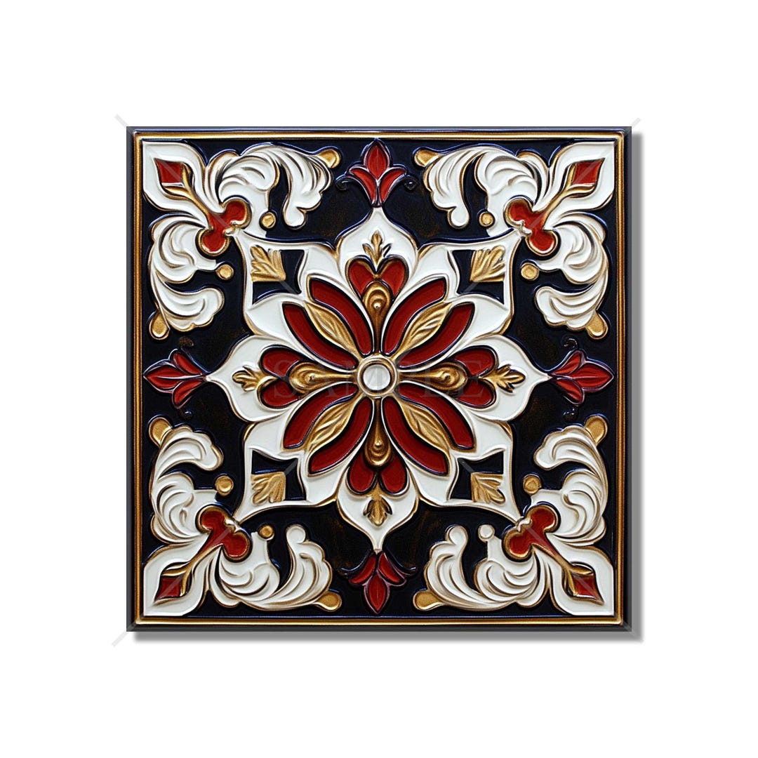 Red and Black Ceramic Tile - Vintage French Design Tile - Red Kitchen ...