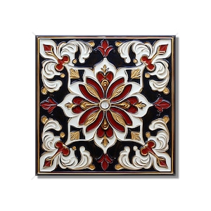 May include: A square ceramic tile with a decorative design featuring a red and gold flower with white and black accents.