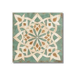 May include: A square tile with a geometric pattern in shades of brown, white, and teal. The pattern is a mandala with a central circle and radiating lines.