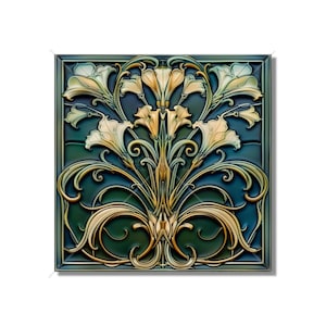 Blue Green Ceramic Tile Art Deco - Art Nouveau Design Blue Green Cream Unique Kitchen Backsplash Tile Bathroom Tile - Antique Design Tile