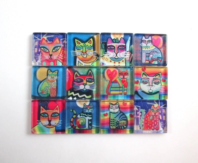 Jewelry Tiles 25mm Square Funky Cats Glass Mosaic Tiles Bright Colors 1 Inch Mosaic Tiles Glass Mosaic Tiles 12 Pieces Mosaic Tiles