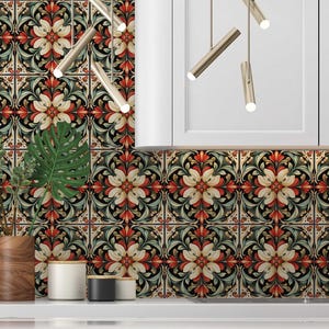 Cream Red Green Floral Ceramic Tile - Patterned Floral Design Tile ...