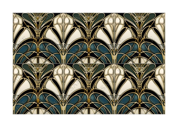 Vintage Art Deco Design Ceramic Tile Dark Teal and Gold Tones Art
