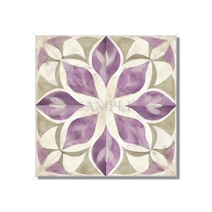 May include: Square tile with a floral design in shades of purple, beige, and olive green. The pattern features stylized petals arranged in a symmetrical, radial composition. The word "SAMPLE" is visible in the center of the tile.