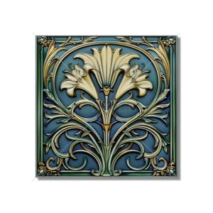 Blue Green Ceramic Tile Art Deco - Art Nouveau Design Blue Green Cream Unique Kitchen Backsplash Tile Bathroom Tile - Antique Design Tile