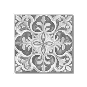 May include: A black and white tile with a symmetrical floral pattern. The design features intricate swirls and leaves, creating a traditional and elegant look.