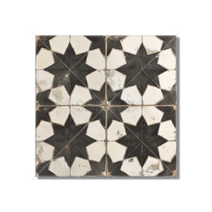 May include: A black and white tile with a geometric pattern of eight-pointed stars. The tile has a distressed, vintage look.