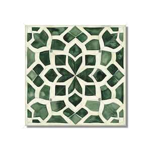 May include: A green and white geometric pattern tile with a starburst design. The tile is made of watercolor and has a vintage feel.