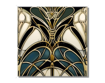 May include: A square art print with an abstract design featuring a symmetrical pattern of gold, black, and teal shapes. The design resembles a stylised flower or butterfly.