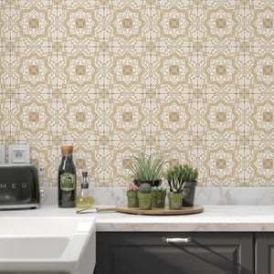 Tan and White Patterned Ceramic Tile - Tan Moroccan Design Ceramic Tile ...