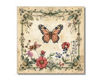 May include: A vintage-style illustration of a butterfly surrounded by a border of flowers and leaves. The butterfly is orange and black with a white spot on each wing. The flowers are red, pink, blue, and yellow. The background is a light beige.