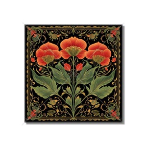 Red And Green Floral Ceramic Tile - Vintage Poppy Flowers Design Tile - Kitchen Backsplash Tile Bathroom Wall Tile Fireplace Ceramic Tile