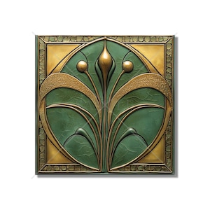 May include: Square, Art Deco-style wall tile with a green and gold floral design. The central motif features stylized leaves and orbs, framed by a gold border and set against a textured green background. The tile has a three-dimensional appearance.