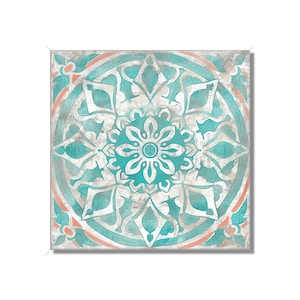 May include: A teal and coral mandala design with a distressed, vintage look. The mandala features intricate patterns and a central flower motif.