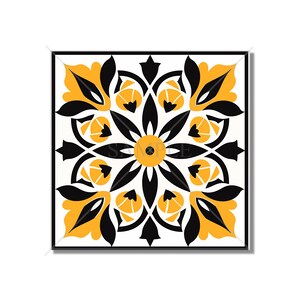 May include: Black and yellow geometric tile pattern with a floral design. The tile has a white background and a black border.