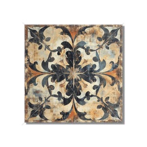 May include: A square tile with a black and white floral pattern on a beige background. The tile has a distressed look, with faded areas and visible brushstrokes.