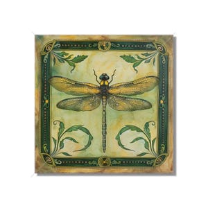 May include: A green and yellow dragonfly with intricate details is depicted in a vintage style illustration. The dragonfly is surrounded by a decorative green frame with floral accents.