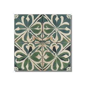 May include: A green and white ceramic tile with a floral pattern. The tile is made up of four squares with a repeating design.