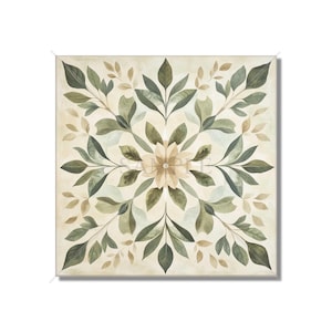 May include: A square floral design with a light brown background and a central flower with green leaves. The leaves are arranged in a symmetrical pattern around the flower.