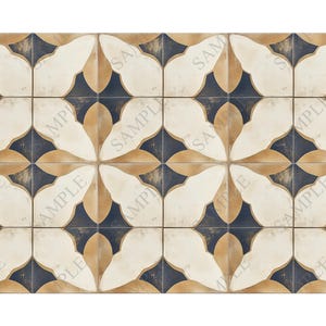 May include: Decorative tiles arranged in a repeating pattern. Each tile features a cream-colored floral design against a dark blue and tan background. The tiles are square and appear to be made of ceramic.