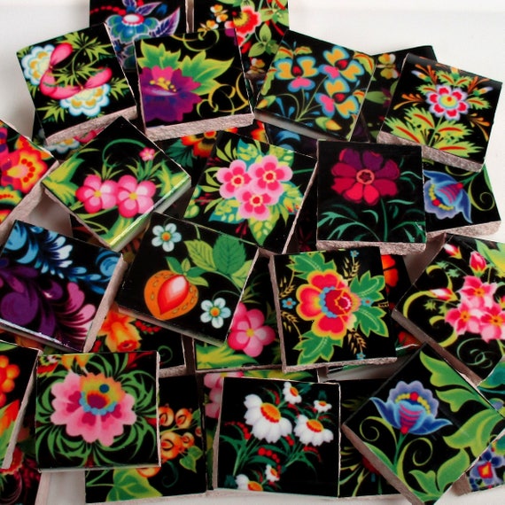Ceramic Mosaic Tiles Bright Flowers On Black Floral Mixed Etsy