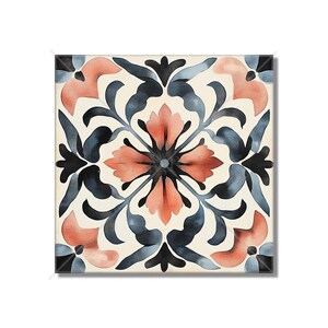 May include: Square tile with a floral design. The tile features a cream-colored background with a symmetrical pattern of coral-colored flowers and dark blue leaves. The center of the design has a dark gray flower.