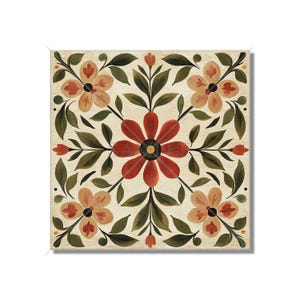 May include: A square tile with a repeating pattern of red and orange flowers with green leaves on a cream background.