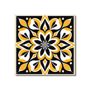 May include: Black and yellow tile with a floral pattern. The tile has a white center with a black flower and yellow petals. The tile is surrounded by a black border.