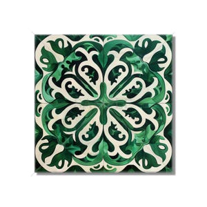 May include: A square tile with a green and white intricate floral pattern. The design is symmetrical and features a repeating motif of stylized leaves and flowers.
