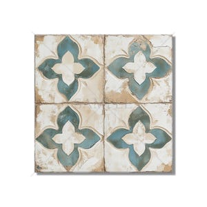 May include: Four square ceramic tiles with a distressed white background and a blue floral design. The tiles have a rustic, vintage look.