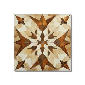 May include: Square decorative tile with a geometric starburst design. The tile features a symmetrical pattern of brown, tan, and cream-colored shapes. The design is reminiscent of a mosaic or stained glass.