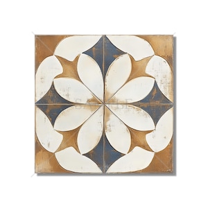 May include: Square decorative tile with a floral design. The tile features a central flower pattern in white, set against a background of brown, blue, and gold tones. The design has a distressed, vintage appearance.
