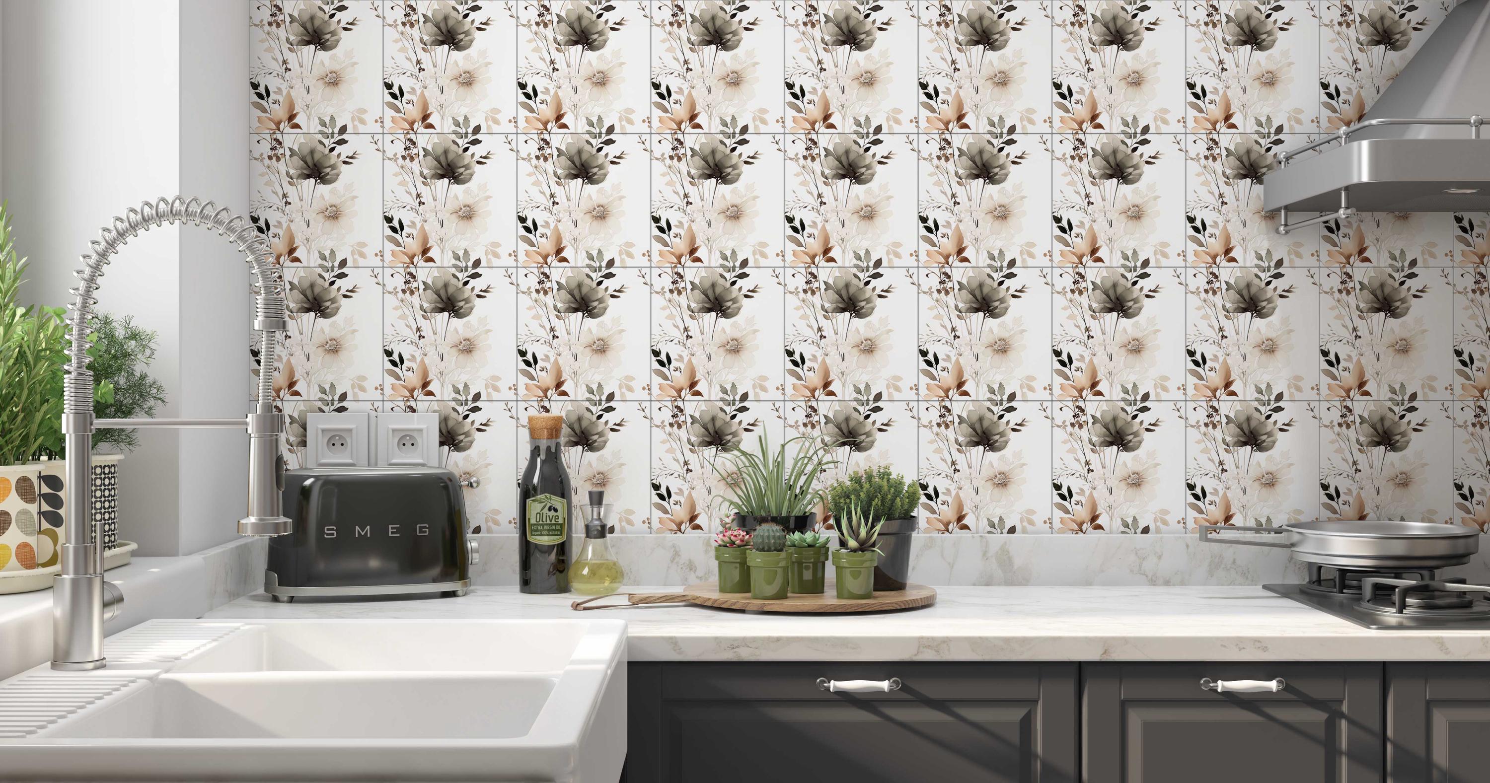 Botanical Floral Ceramic Tile - Botanical Kitchen Backsplash Tile ...