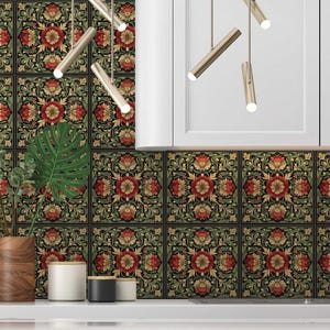 Red and Green Floral Ceramic Tile - Vintage French Floral Design Tile ...