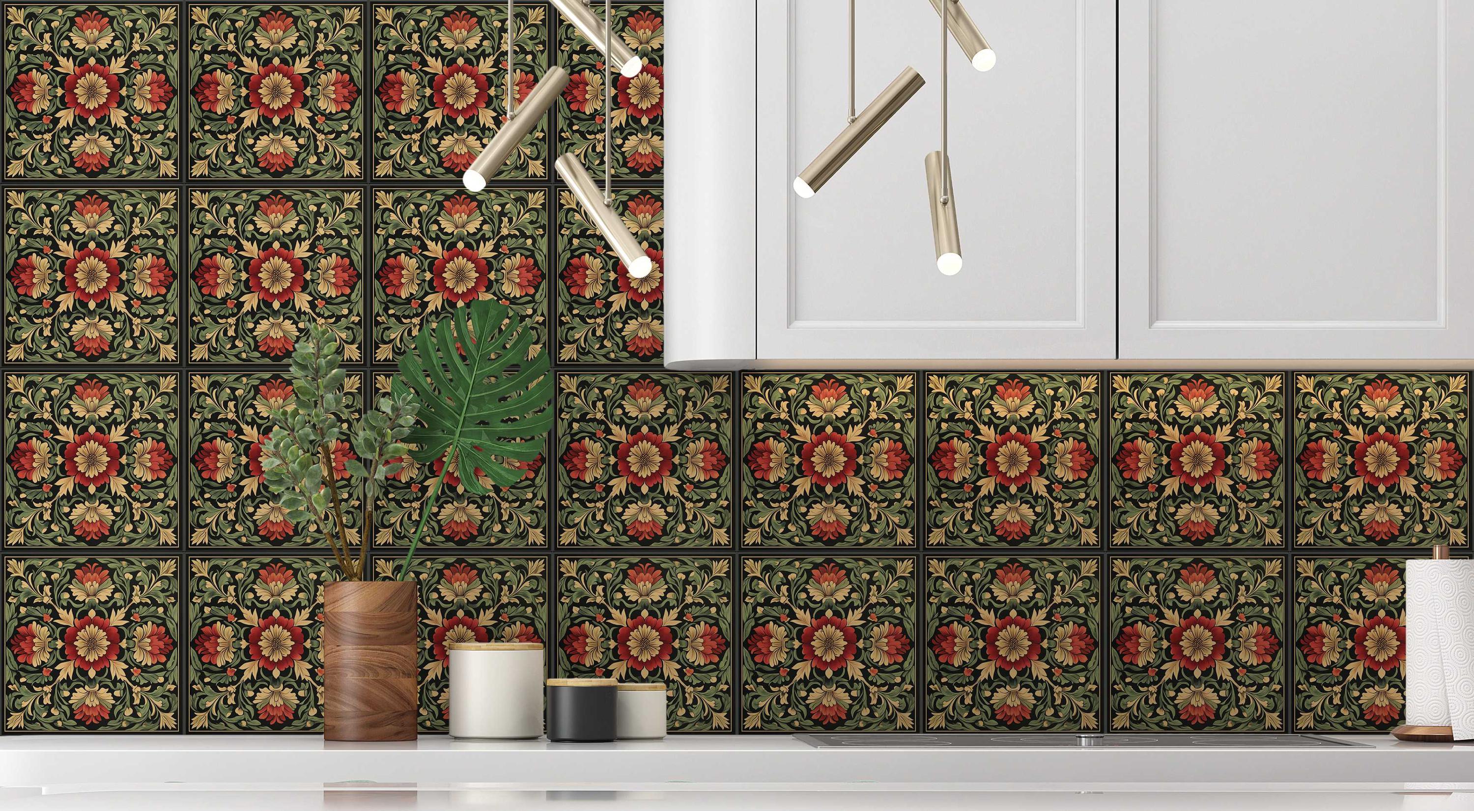 Red and Green Floral Ceramic Tile - Vintage French Floral Design Tile ...