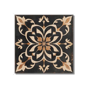 May include: Square decorative tile with a black background and a symmetrical floral design in cream and brown tones. The tile has a dark brown border and a distressed appearance, suitable for home decor.