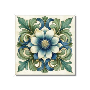 Blue Green Ceramic Tile Art Deco - Art Nouveau Design Blue Green Cream Unique Kitchen Backsplash Tile Bathroom Tile - Antique Design Tile