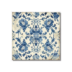May include: A square tile with a blue and white floral pattern. The tile has a distressed, vintage look.