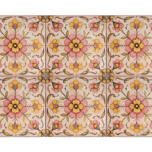 Pink Yellow Floral Ceramic Tile - Patterned Vintage Cottage Floral Tile ...
